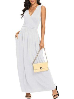 Lilbetter Women's White Sleeveless Deep Neck Loose Plain Long Maxi Casual Dress
